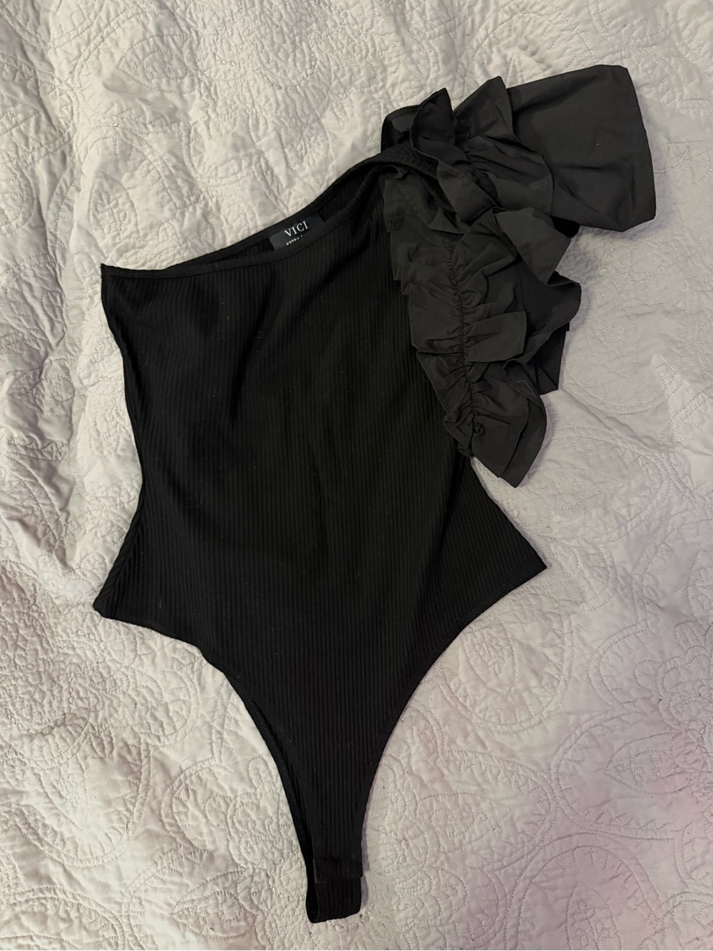 VICI Black One-Shoulder Ruffle bodysuit